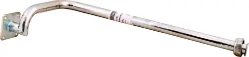 Verrohrung aus verchromtem Metall, gebogen, mit Montageplatte an einem Ende und Gewinde am anderen Ende, von der Marke Wolf für Gasanschlüsse.